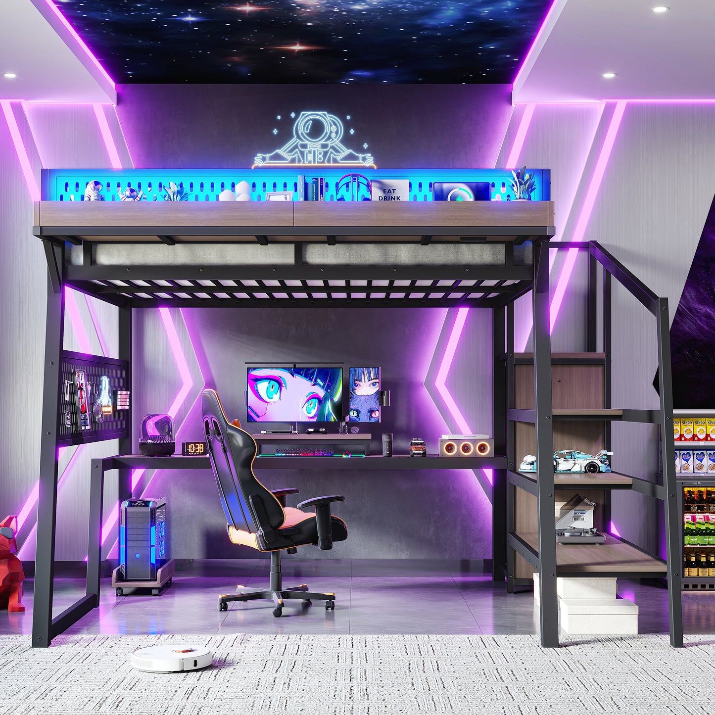 Full Loft Bed with Storage Stairs, Shelves gaming loft bed with Pegboard and Built-in Wardrobe, Metal Loft Bed Frame with USB Ports and LED Lights, Noise-reduced Design, Black image 5