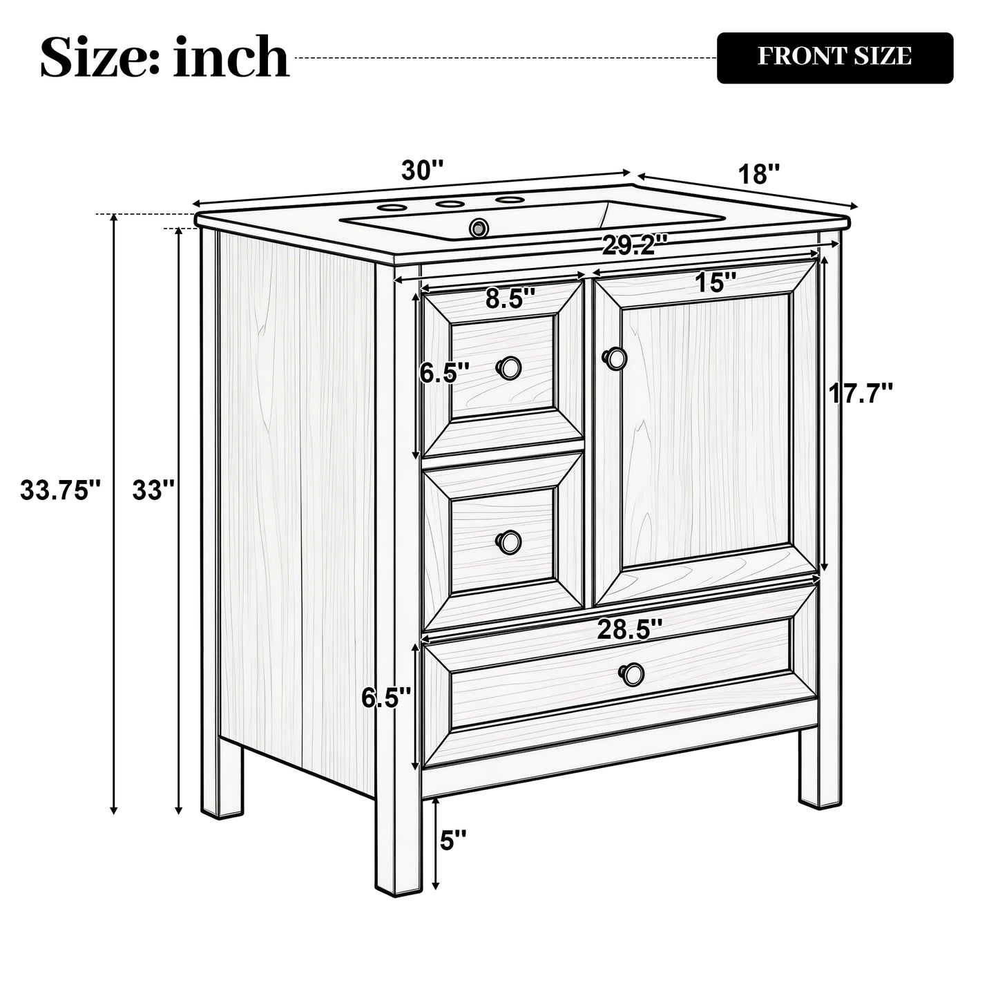 [Video] 30" Wood Grain Bathroom Vanity with Ceramic Sink, Solid Wood Legs, Adjustable Shelf & Full Soft-Close Drawers & Door, Storage Rack, Open Back Design image 5