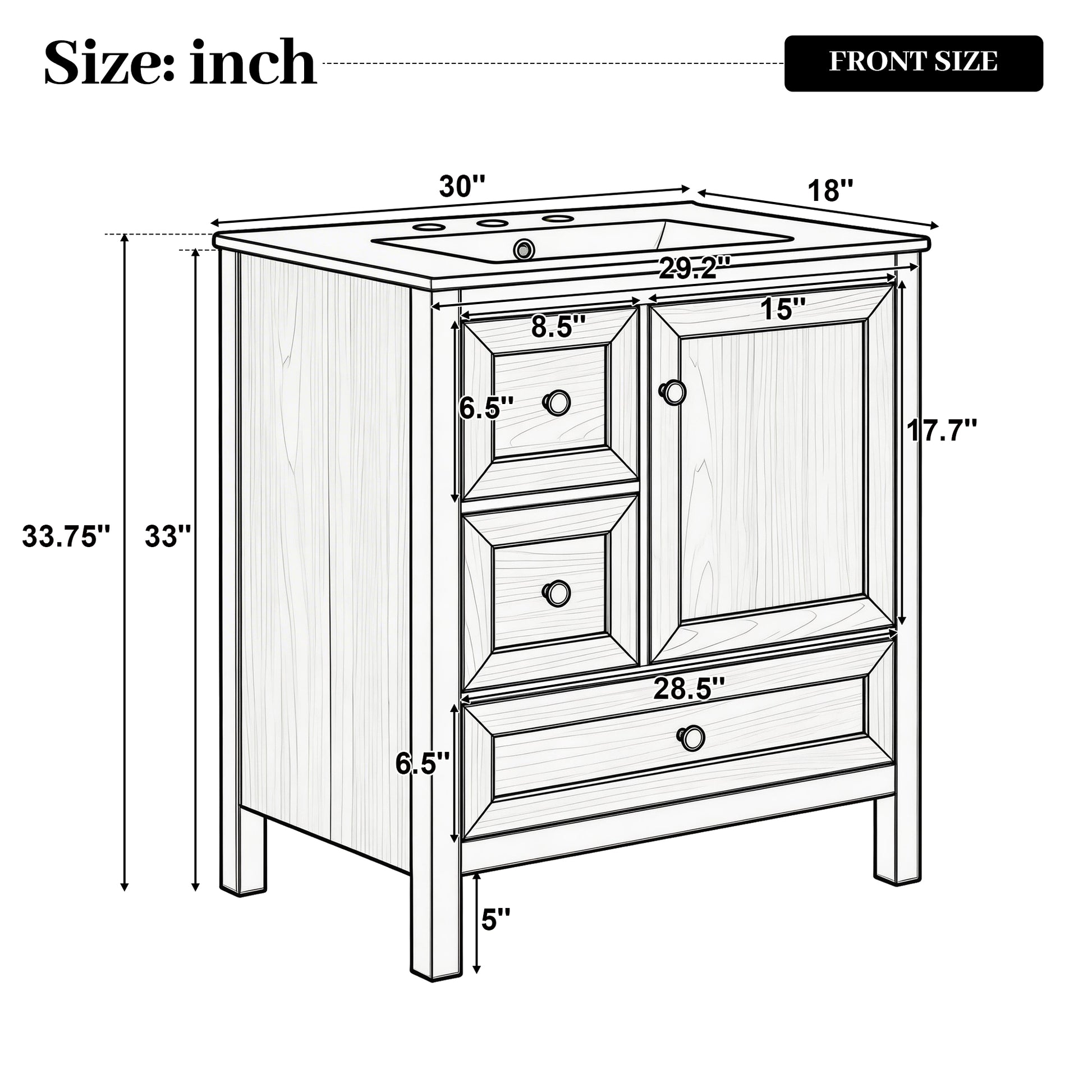 [Video] 30" Wood Grain Bathroom Vanity with Ceramic Sink, Solid Wood Legs, Adjustable Shelf & Full Soft-Close Drawers & Door, Storage Rack, Open Back Design image 5