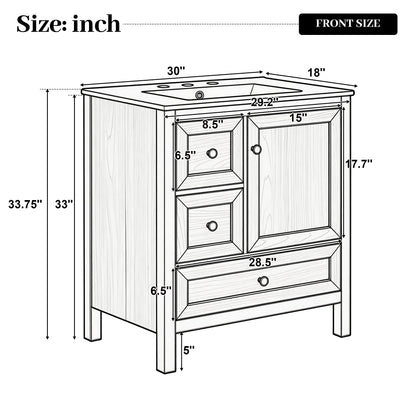 [Video] 30" Wood Grain Bathroom Vanity with Ceramic Sink, Solid Wood Legs, Adjustable Shelf & Full Soft-Close Drawers & Door, Storage Rack, Open Back Design image 5