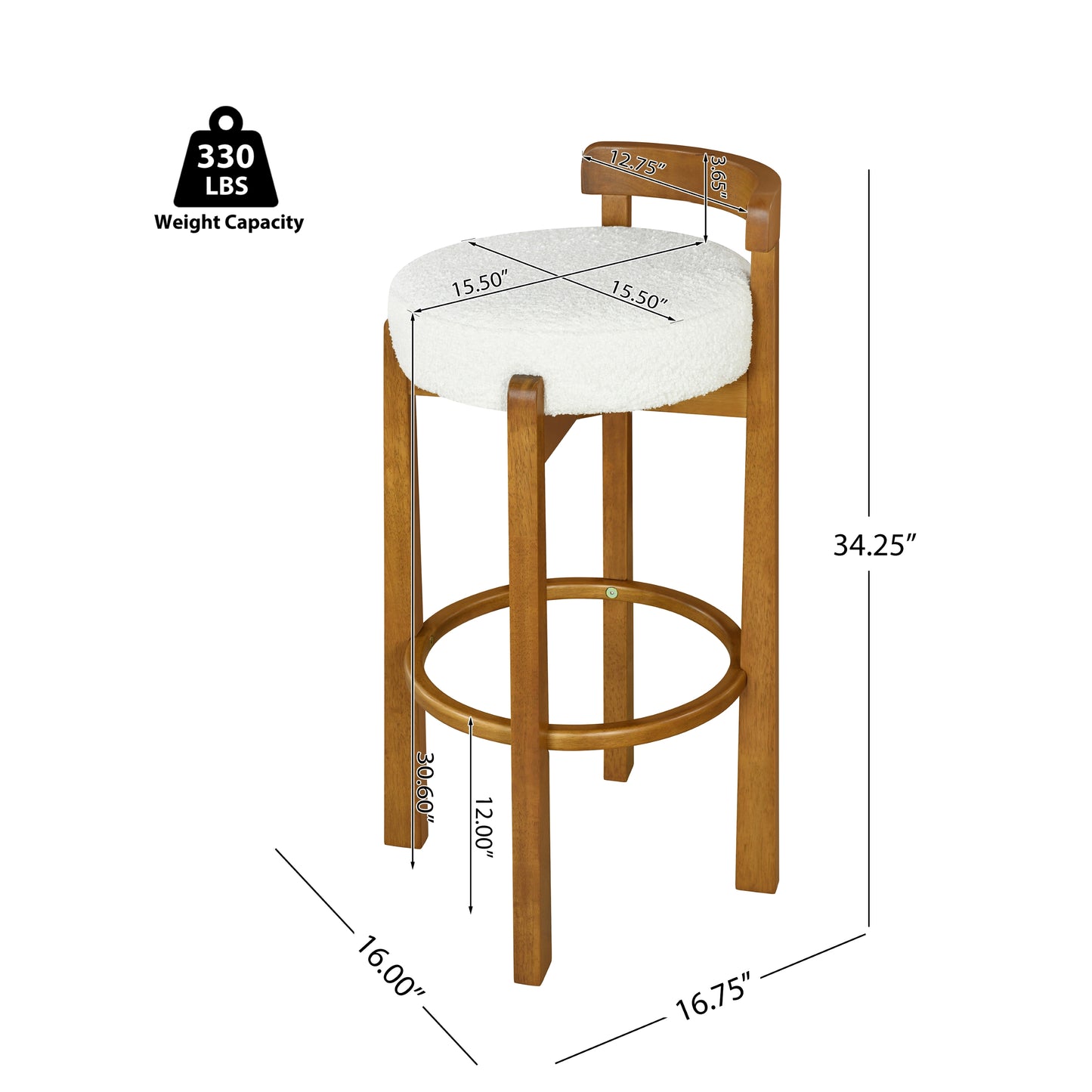 Elise Indoor Wooden Low Back Barstool, Walnut Finished and White Upholstery, Set of 2 image 9