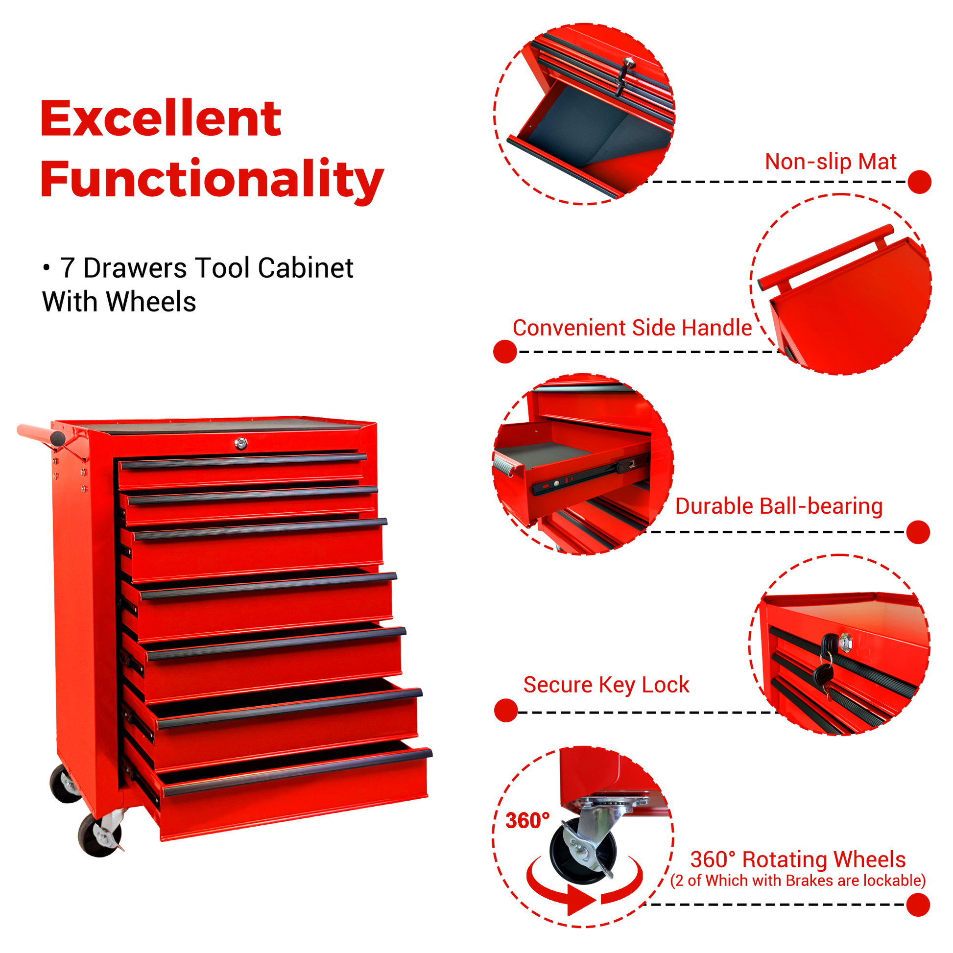 Rolling Metal Tool Chest with 7 Drawers, 20" 7-Drawer Tool Chest Cabinet with Ball Bearing Drawer Slides, Steel Tool Storage Box Organizer -RED image 10