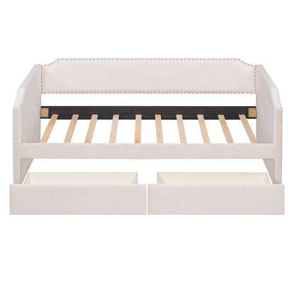 Twin Size Velvet Upholstered Daybed with 2 Drawers, Beige image 5