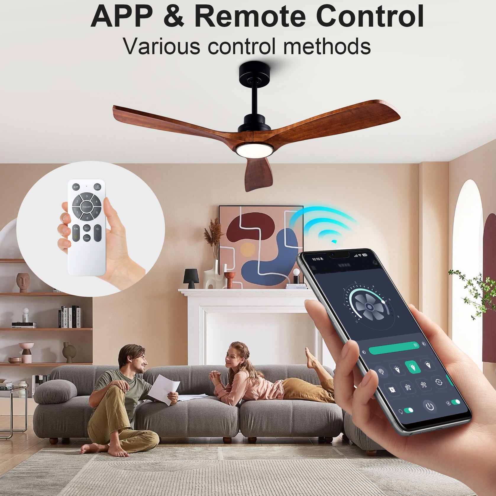 Ceiling Fans with Lights and Remote 52'' Outdoor Ceiling Fan with 6 Speed Noiseless Reversible DC Motor, Indoor 3 Blade Wood Ceiling Fan for Farmhouse Bedroom Living Room Gazebo Patio Black image 2