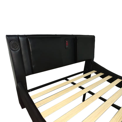 Faux Leather Upholstered Platform Bed Frame with led lighting, Bluetooth connection to play music control, Backrest vibration massage, Curve Design, Wood Slat Support, Exhibited Speakers, King Size image 8