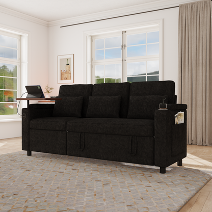 83-inch 3-in-1 foldable three-person sofa bed with a table board and USB ports, armrests with storage function. High-quality chenille three-person sofa. The sofa bed features adjustable backrest and p image 3