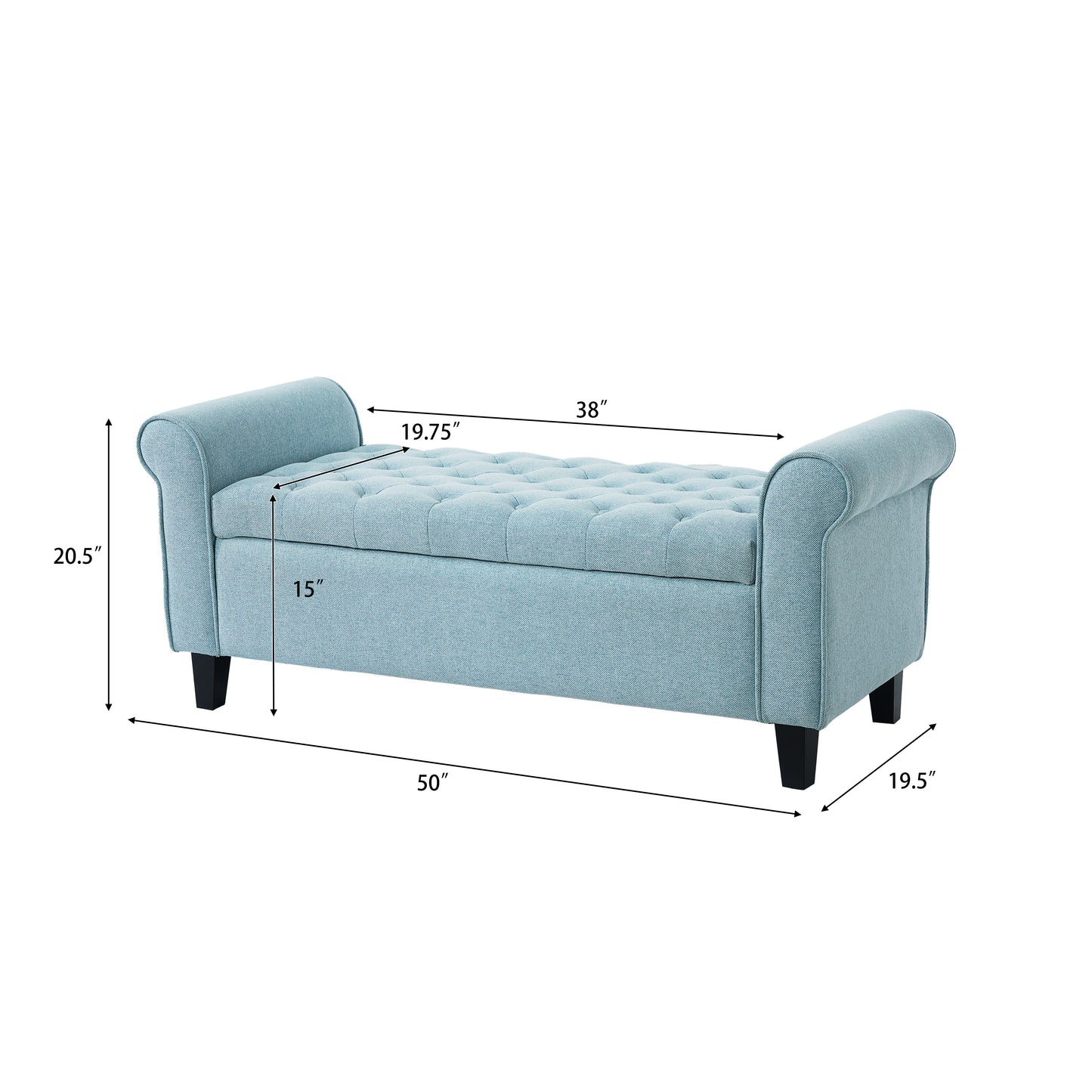 Light Blue Fabric Storage Bench with Rolled Arms, 38" Seat Width, Black Legs, Button Fabric Design, Living Room Bedroom Entryway Furniture image 2