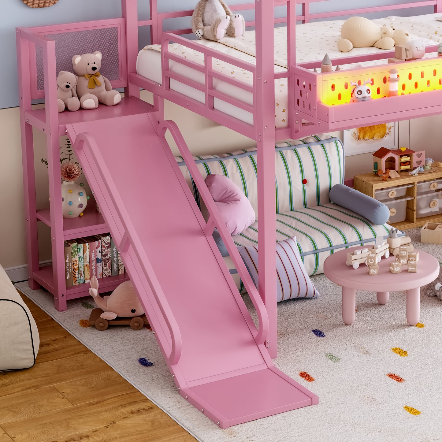 Full Size Loft Bed with Storage Stairs, Shelves and Built-in Wardrobe, Metal Loft Bed Frame with USB Ports and LED Lights, Noise-reduced Design, Pink image 7