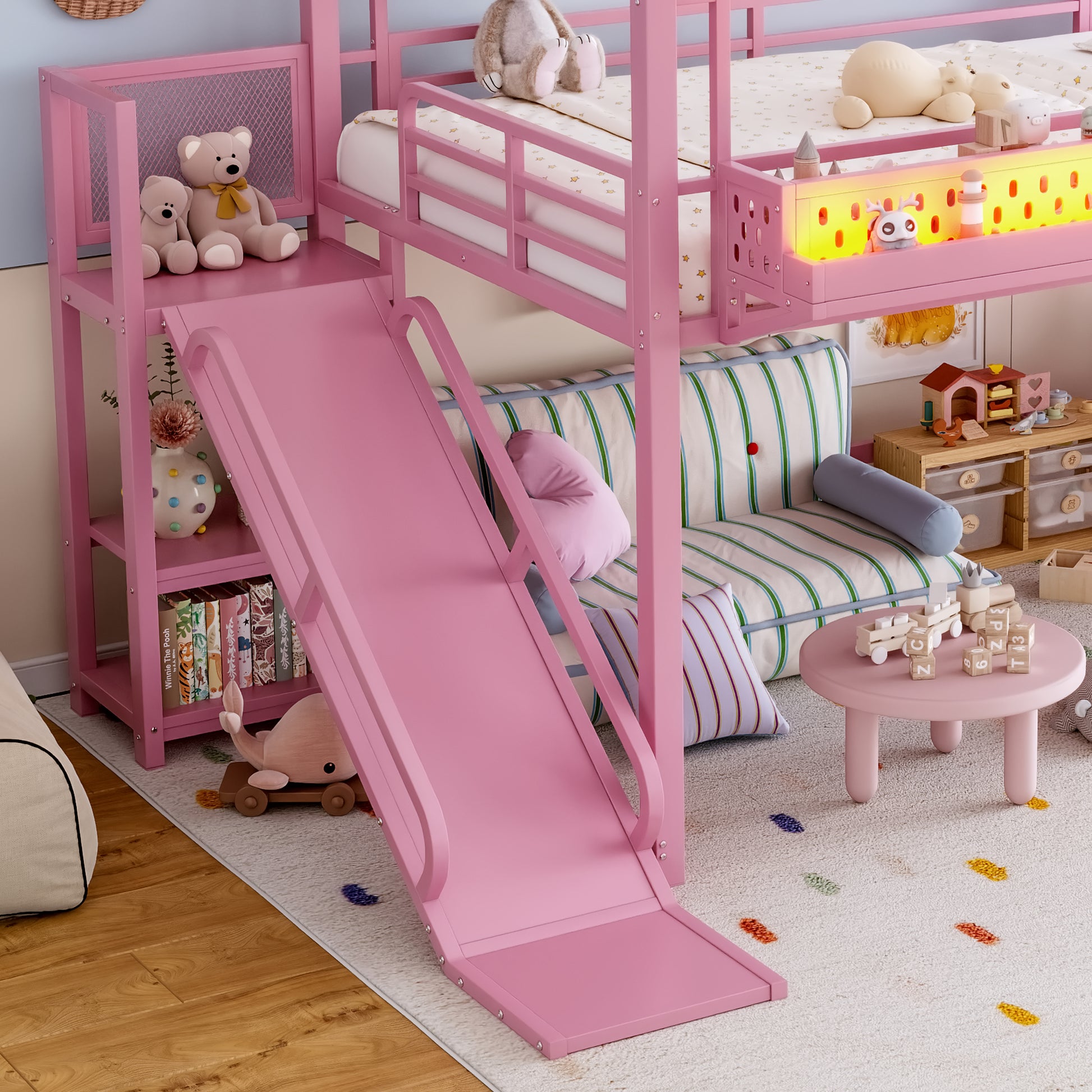 Full Size Loft Bed with Storage Stairs, Shelves and Built-in Wardrobe, Metal Loft Bed Frame with USB Ports and LED Lights, Noise-reduced Design, Pink image 7