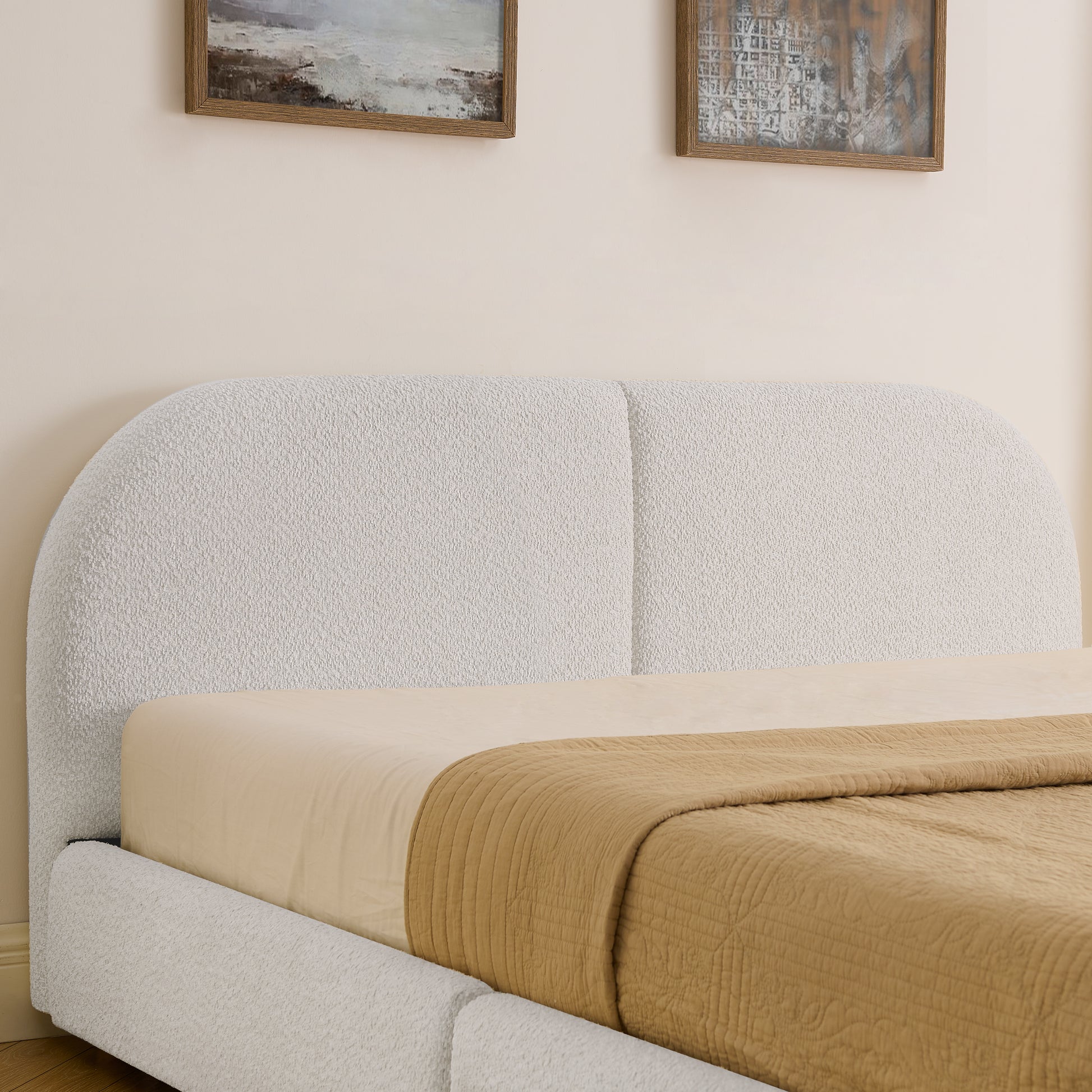 Queen Size Upholstered Bed Frame Modern Minimalist Style - Circle Yarn Fabric, Tall Curved Headboard, Sturdy Leg Support & Wheeled Drawer Storage, Mattress Not Included -Beige image 5
