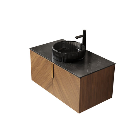ARAI 36" Bathroom Vanity&Sink, Modern Wall-Mounted Plywood Bathroom Storage Cabinet with Double Doors, Transparent Black Round Glass Basin & Black Sintered Stone Countertop, Brown Oak Woodgrain Color image 4