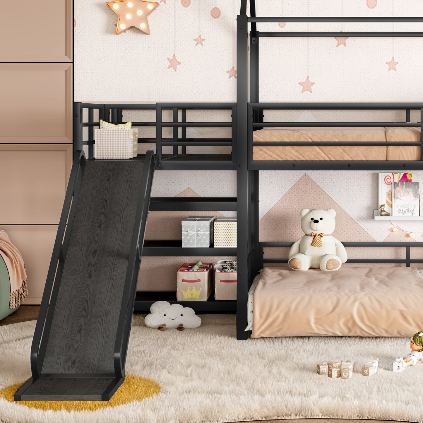 Twin metal House Bunk Bed with Storage Stairs, Slide, Safety Rails, Black image 5
