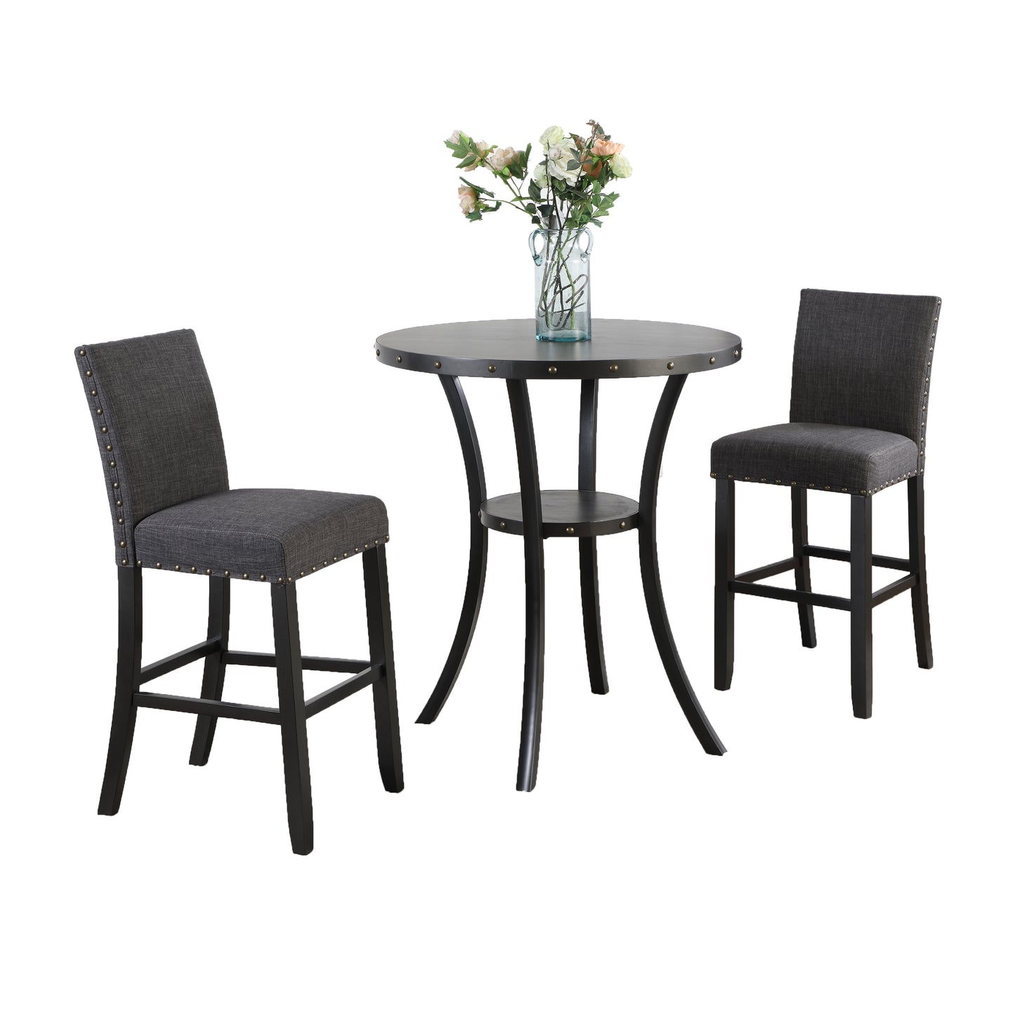 Biony 3-Piece 36" Round Espresso Finish Bar Table with 2 Gray Fabric Nail Head Pub Chairs image 10