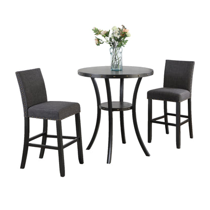 Biony 3-Piece 36" Round Espresso Finish Bar Table with 2 Gray Fabric Nail Head Pub Chairs image 10