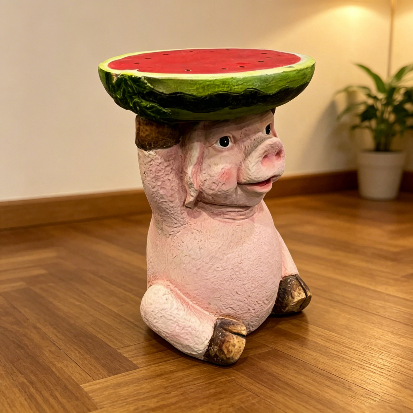 13.39" High Cute Pig Side Table, 11.34" Wide Resin Pig with Watermelon Top, Multi-Functional Plant Stand & End Table for Home & Garden Decoration image 6
