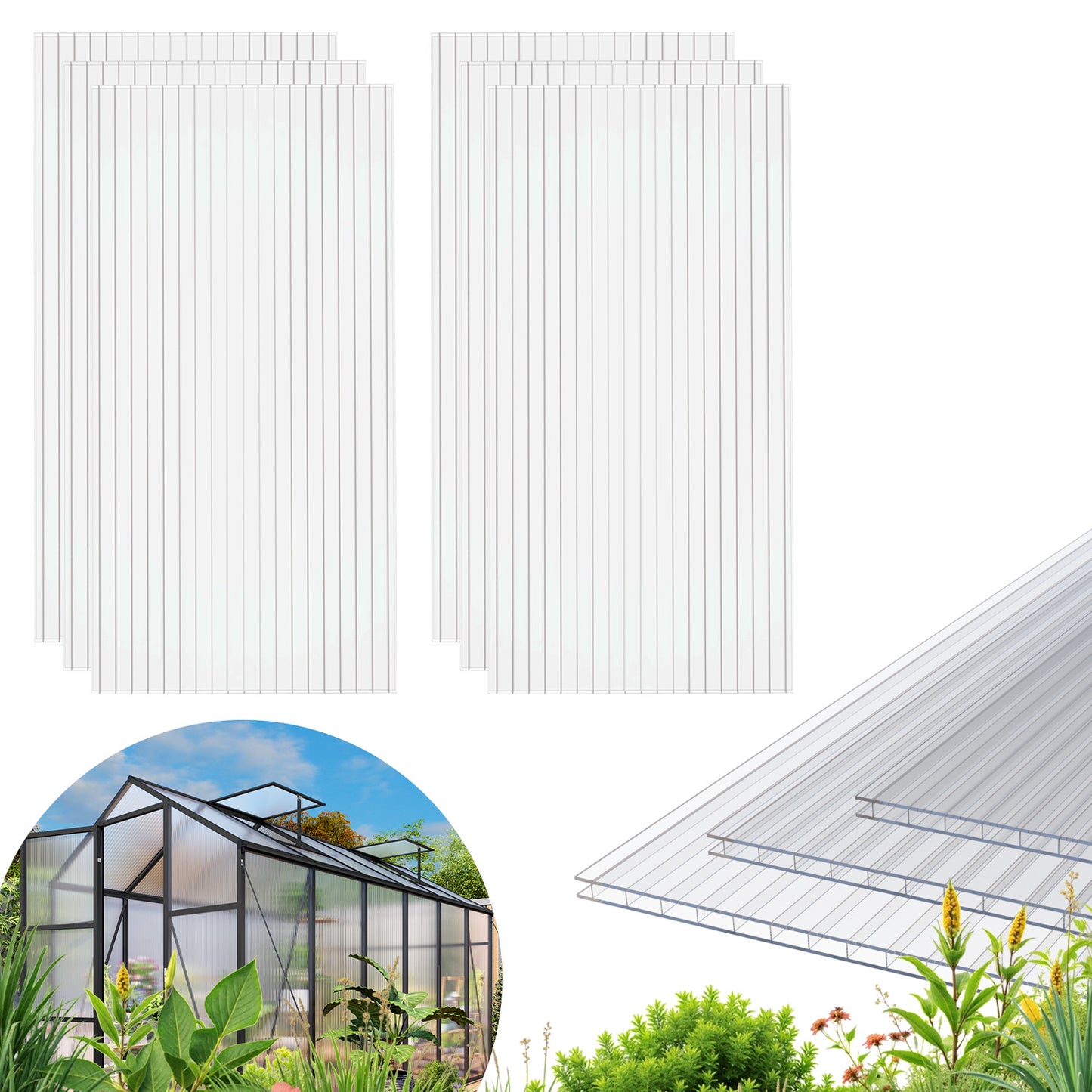 4x2 FT 16PCS Polycarbonate Twin Wall Sheets, Shatterproof UV Blocking Greenhouse Cover Panels, Lightweight Insulated Roof Panels for Outdoor Garden, Patio and Balcony Use image 1