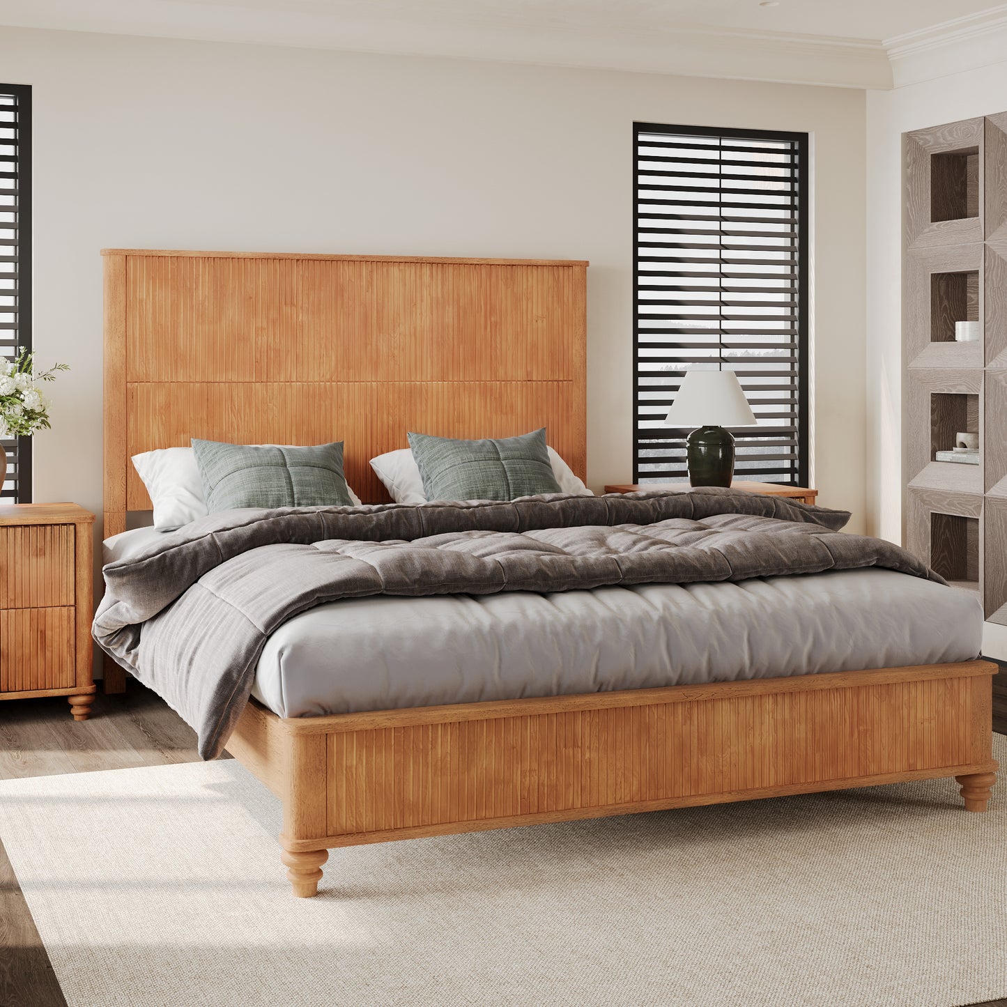 Solid Wood Bed Frame,Queen Platform Bed Frame with Headboard,Tall Headboard Natural Wood Bed,No Box Spring Needed,Natural image 3