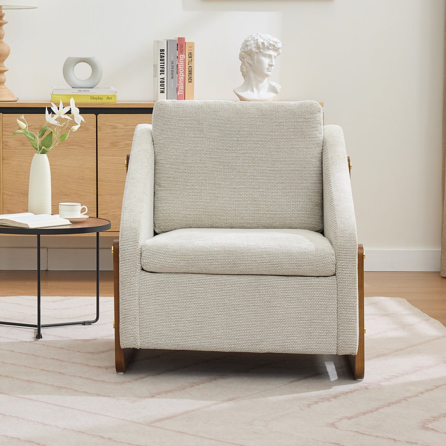 057-Set of 1 Chenille Fabric Modern Upholstered Armchair with Wooden Side Frame, Accent Leisure Chair with Cushioned Seat and Backrest for Living Room, Bedroom,Beige image 8