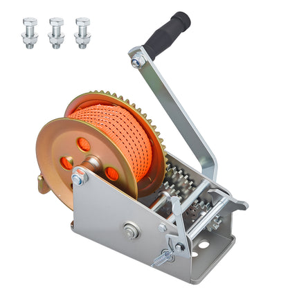 Boat Winch, 3500 lbs Hand Winch, Heavy Duty Manual Rope Crank with 20ft Orange Polyester Strap, Portable Two-Way Ratchet, 2 Speed Switchable, Anti-Slip Handle Gear for Boat Trailer ATV Towing image 1