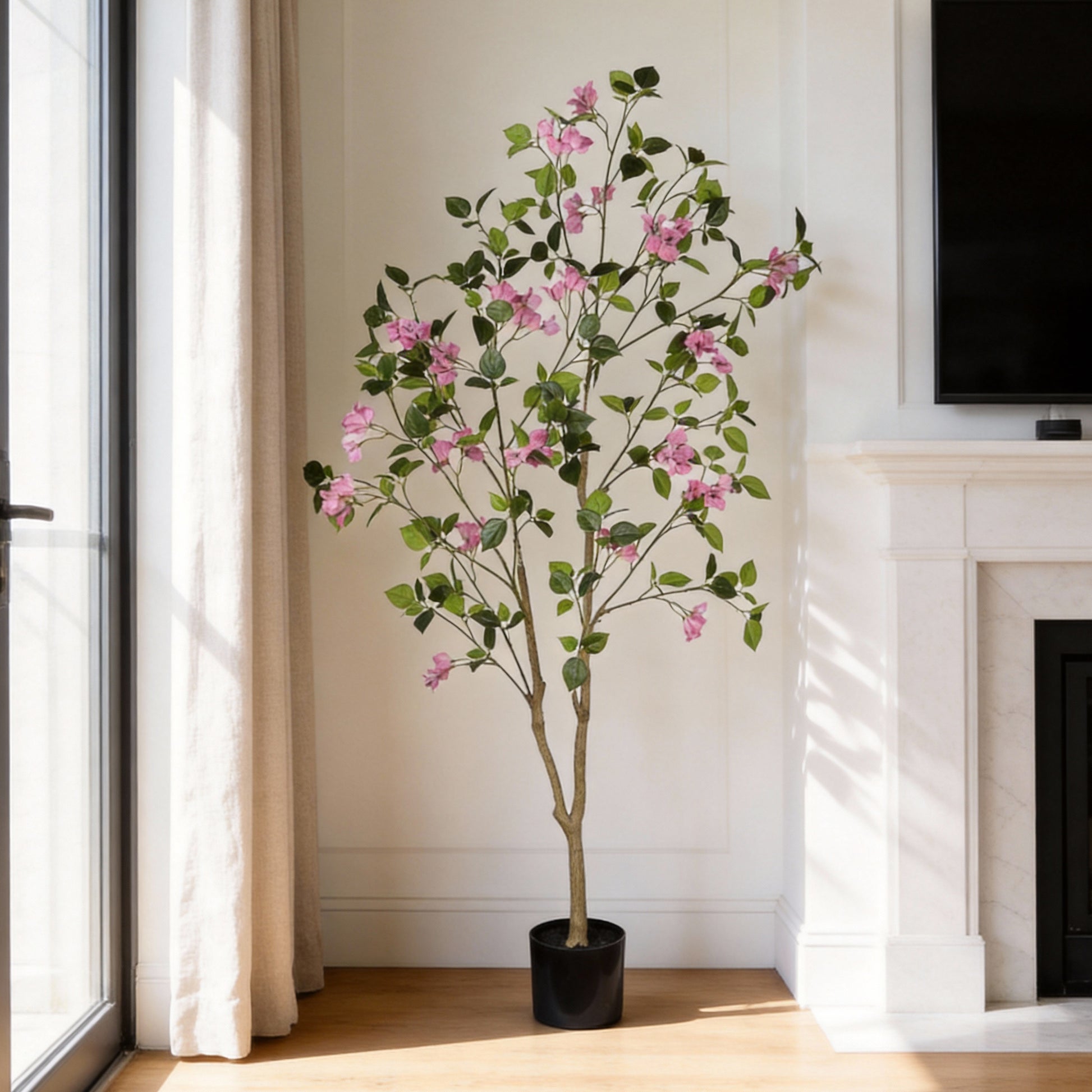 5FT Artificial Bougainvillea Tree with Black Plastic Pot, Realistic Fake Flowering Tree for Indoor Home Office Decor, Potted Faux Plant, 1pc/set image 1