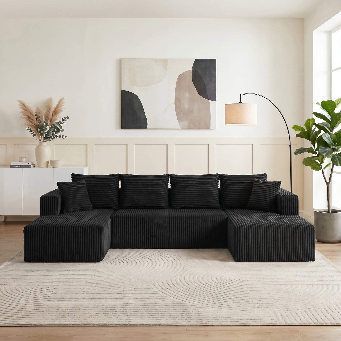 132.1 Inch Modular Sectional Sofa, U-Shaped Corduroy Sofa Couch with Double Chaise, Oversized Deep Seat Cloud Couch for Living Room, Apartment, Black image 3