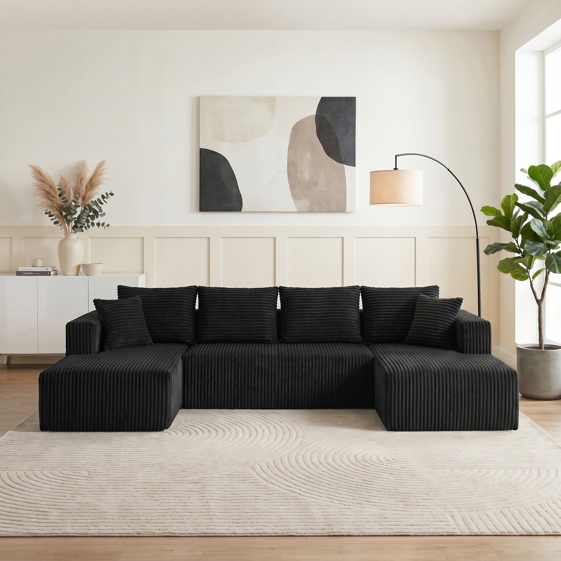 132.1 Inch Modular Sectional Sofa, U-Shaped Corduroy Sofa Couch with Double Chaise, Oversized Deep Seat Cloud Couch for Living Room, Apartment, Black image 3