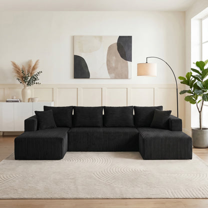 132.1 Inch Modular Sectional Sofa, U-Shaped Corduroy Sofa Couch with Double Chaise, Oversized Deep Seat Cloud Couch for Living Room, Apartment, Black image 3