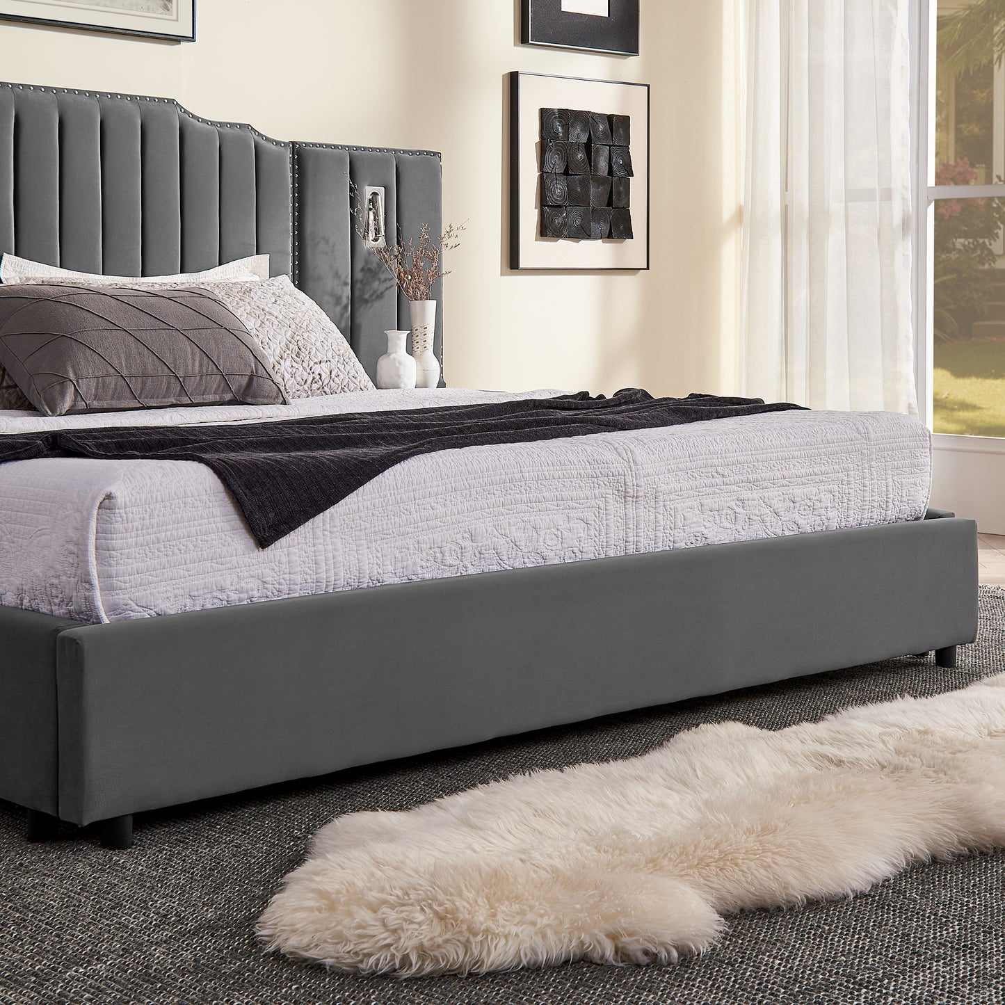 Queen Size Upholstered Bed Frame with Velvet Fabric, Vertical Stripe Design with Buttons Around Platform Bed with Headboard, Solid Frame & Bedside Table - No Box Spring Needed-Gray image 8