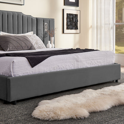 King Size Upholstered Bed Frame with Velvet Fabric, Vertical Stripe Design with Buttons Around King Size Platform Bed with Headboard, Solid Frame & Bedside Table - No Box Spring Needed-Gray image 8