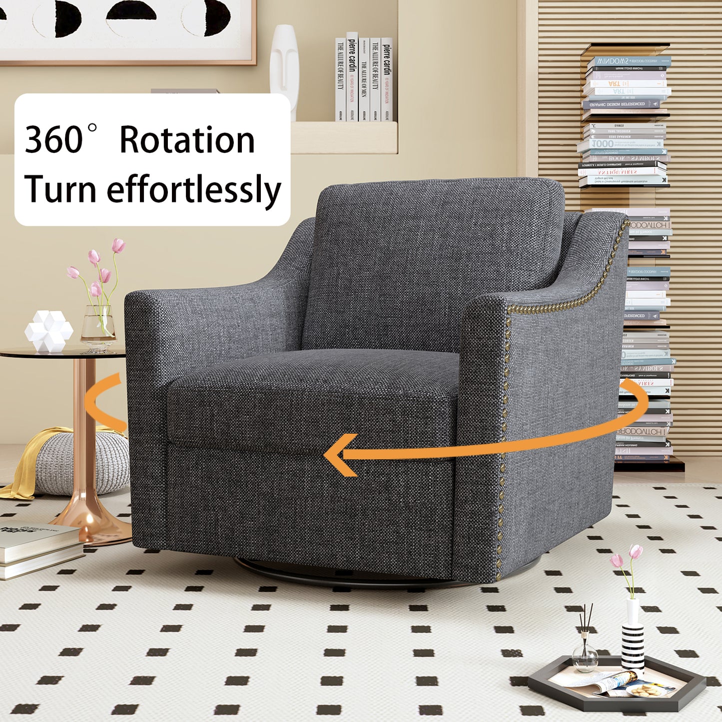 360 Degree Swivel Armchair Cotton linen skin-friendly fabric Ergonomic design Brass nail decorative armchair Living room chairs Bedroom chairs Living room chairs Black legs Suitable for indoor homes image 5