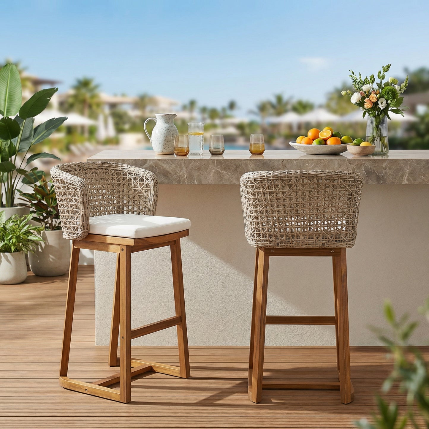 Outdoor Acacia Wood Bar Stools (Set of 2), Teak Finish Bar Height Chairs with Beige Cushion & Light Brown Wicker Back, Counter Height Stools for Patio, Poolside, Kitchen Island image 2