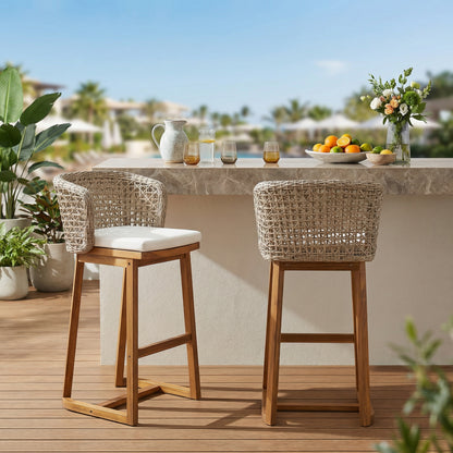 Outdoor Acacia Wood Bar Stools (Set of 2), Teak Finish Bar Height Chairs with Beige Cushion & Light Brown Wicker Back, Counter Height Stools for Patio, Poolside, Kitchen Island image 2