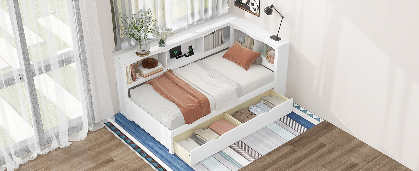 Twin Size Daybed with Two Storage Drawers, Storage Cabinets and USB Ports, White image 5