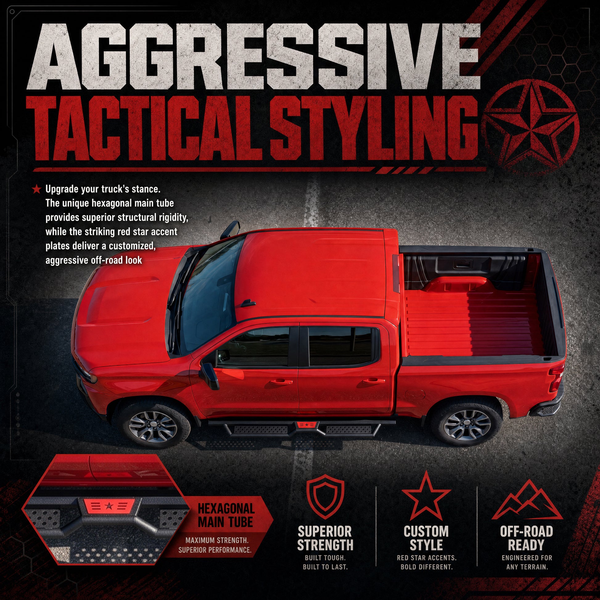 6" Running Boards For 2019-2026 Chevy Silverado 1500 Crew Cab, 2020-2026 Silverado/Sierra 2500HD 3500HD Crew Cab, Two Stairs Design Nerf Bars Step Bars Hexagonal style image 6