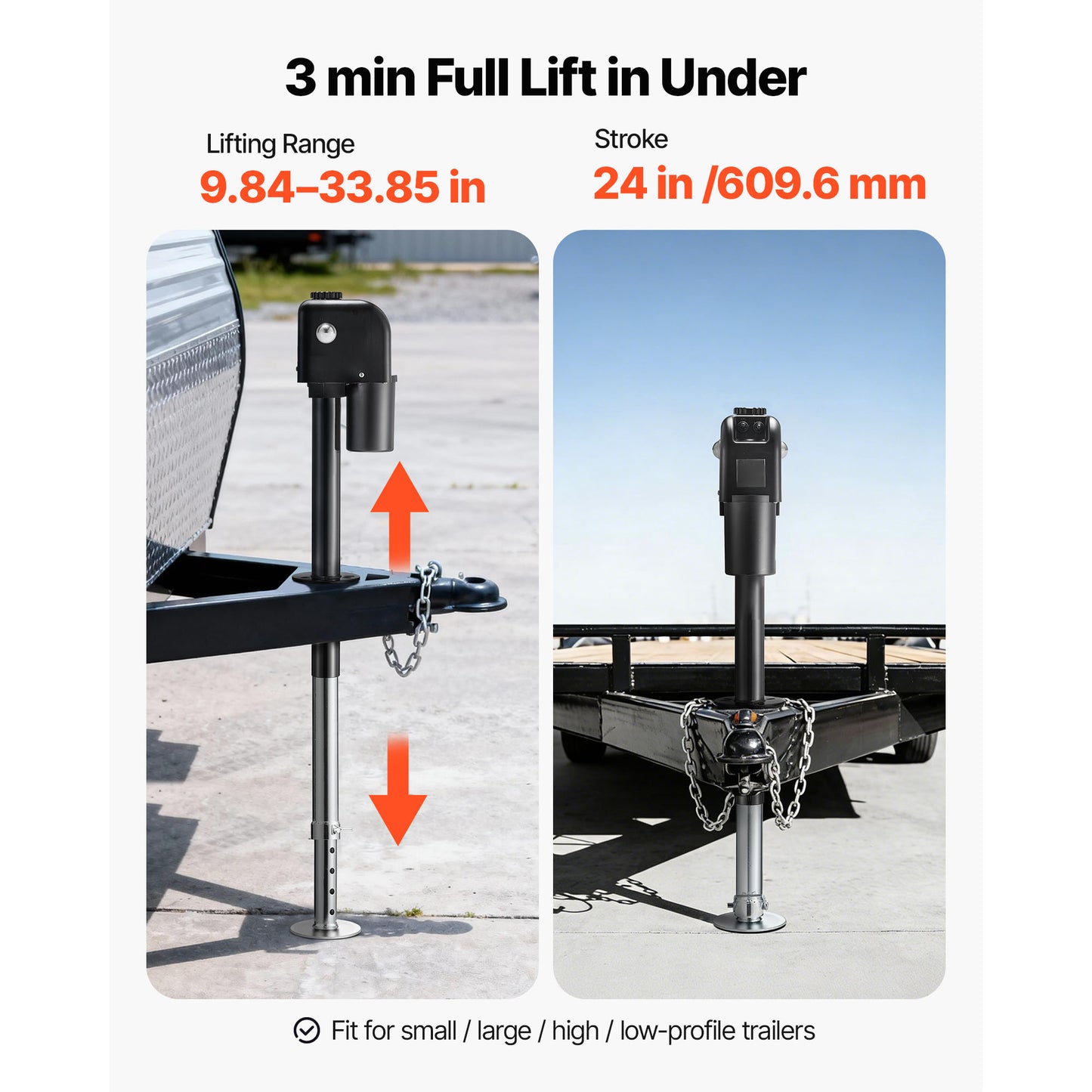 Electric Trailer Jack, 7500 lbs Capacity, Electric Power Tongue Jack with Waterproof Protective Cover & LED Light for Travel Trailer, Camper, RV, 9.84-27.84 in Lift, 12V DC with Wiring, Black image 4