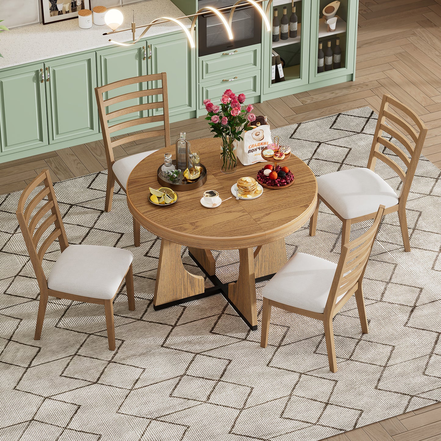 TREXM Round Dining Table for 4 with Chairs Set, Extendable Dining Table Set with 16" Removable Middle Leaf, 5 Piece Retro Dining Table Set Unique Geometric Design for Kitchen, Dining Room (Natural) image 3