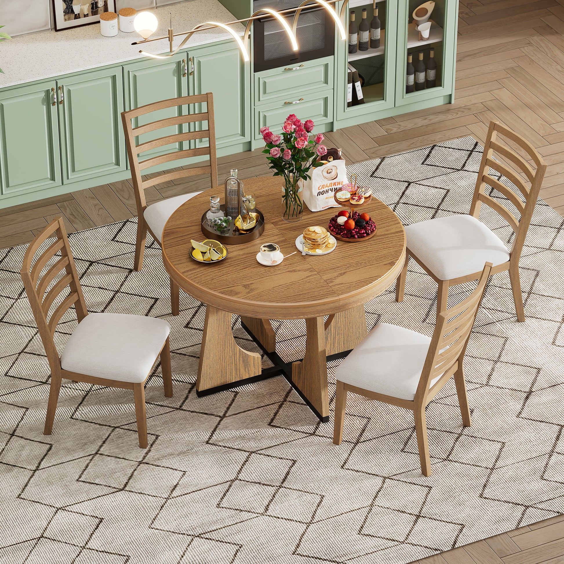 TREXM Round Dining Table for 4 with Chairs Set, Extendable Dining Table Set with 16" Removable Middle Leaf, 5 Piece Retro Dining Table Set Unique Geometric Design for Kitchen, Dining Room (Natural) image 3