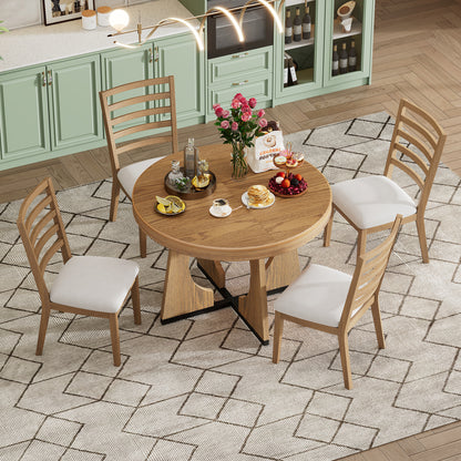 TREXM Round Dining Table for 4 with Chairs Set, Extendable Dining Table Set with 16" Removable Middle Leaf, 5 Piece Retro Dining Table Set Unique Geometric Design for Kitchen, Dining Room (Natural) image 3