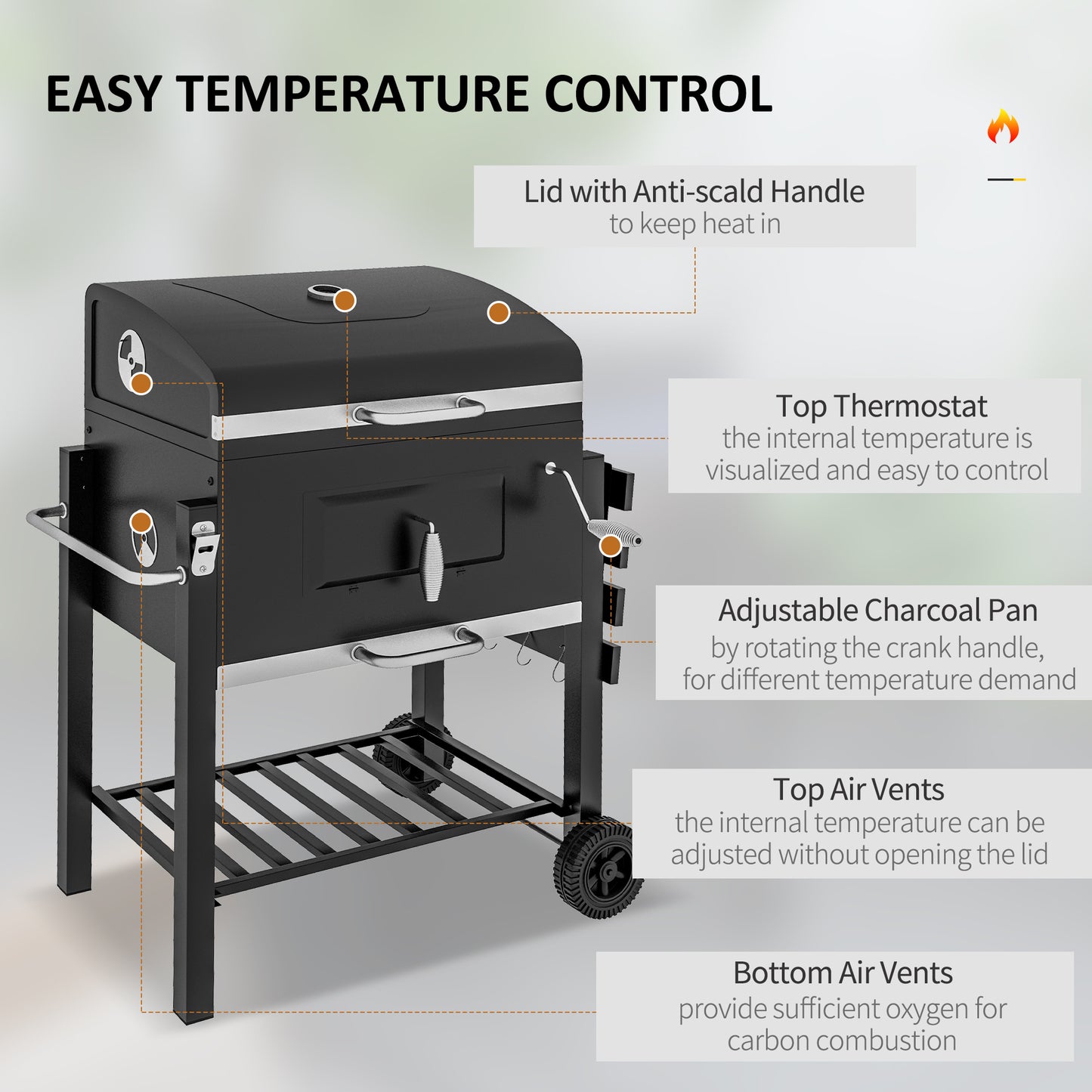 Outsunny Charcoal BBQ Grill, Outdoor Portable Cooker for Camping or Backyard Picnic with Side Table, Bottom Storage Shelf, Wheels and Handle, Black image 5