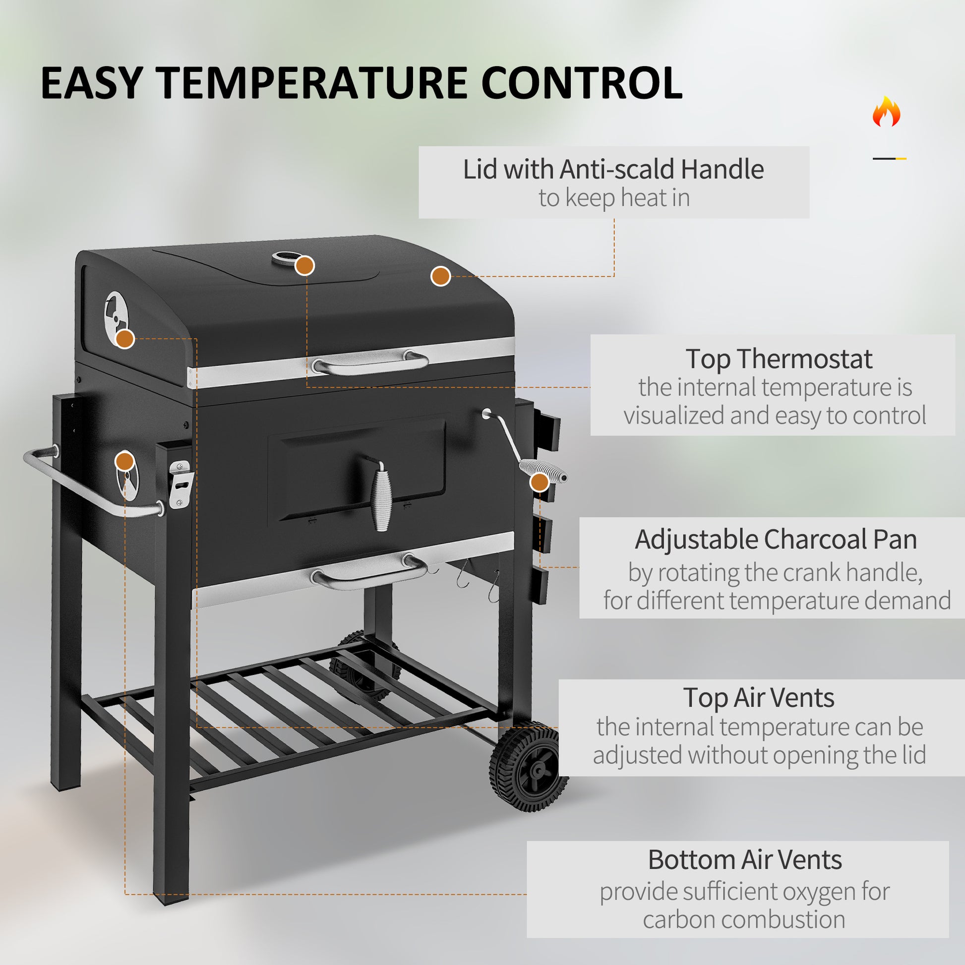 Outsunny Charcoal BBQ Grill, Outdoor Portable Cooker for Camping or Backyard Picnic with Side Table, Bottom Storage Shelf, Wheels and Handle, Black image 5