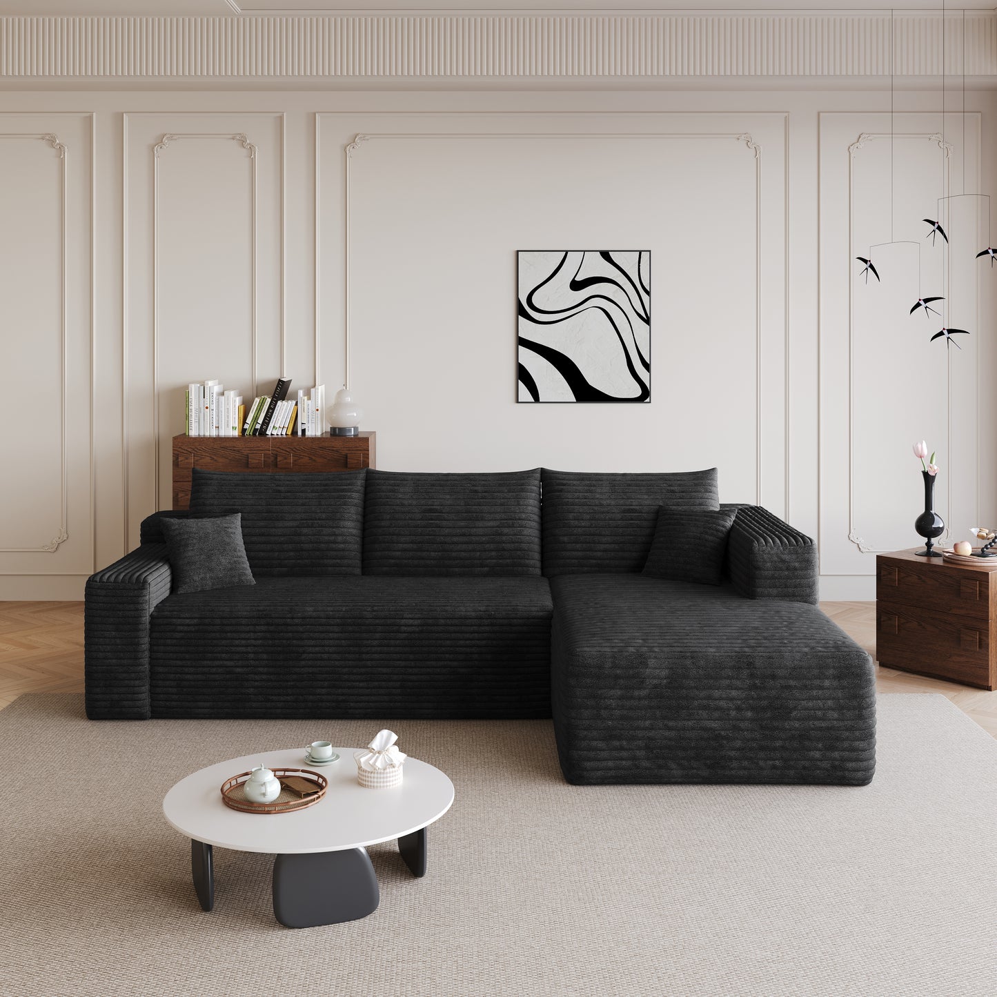 95" Cloud Sectional Sofa,Modern Minimalist Upholstered Couches, Comfort U Shaped Sofa for Living Room,Deep Seat Corner Couch,No Assembly Required,Black (Plush Corduroy Fabric) image 4