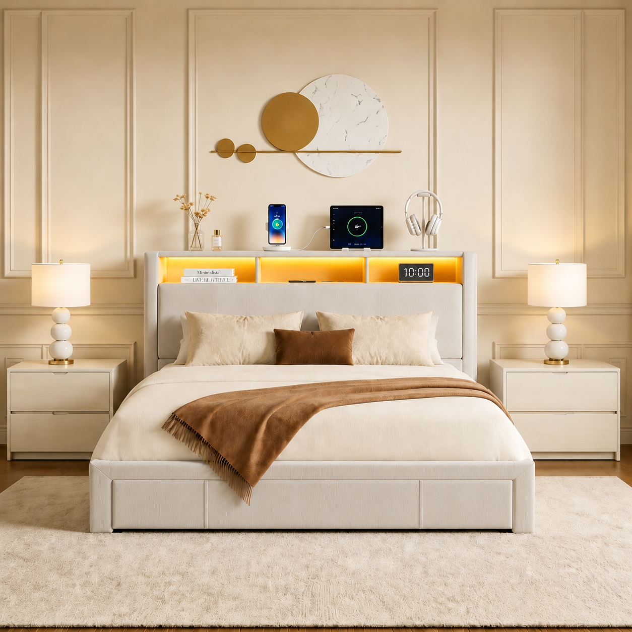 Full-size upholstered bed with drawers, featuring an upholstered storage headboard, heavy metal crossbar support, LED and USB charging, silent design, beige (mattress not included) image 1
