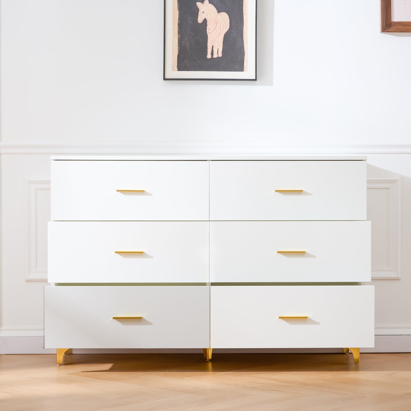 White 6 Drawer Dresser with Gold Handles & Metal Legs, Deep Storage Space, Modern Chest of Drawers, Wooden Dresser Tv Stand for TV Stand,Living Room, Hallway, Entryway image 8