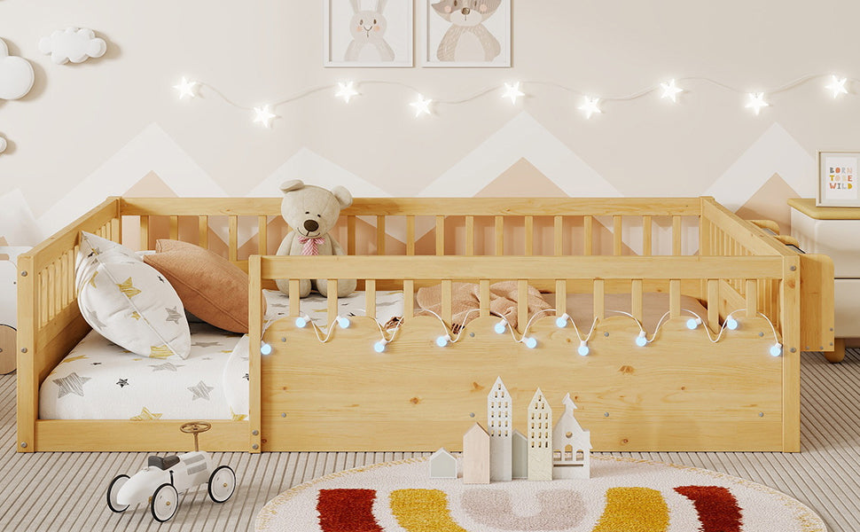 Full Montessori Floor Bed Frame with High Rails, Wood Kids Floor Beds with Light and Storage Shelf, Natural (Expect Arrival Date 2025/8/15) image 11