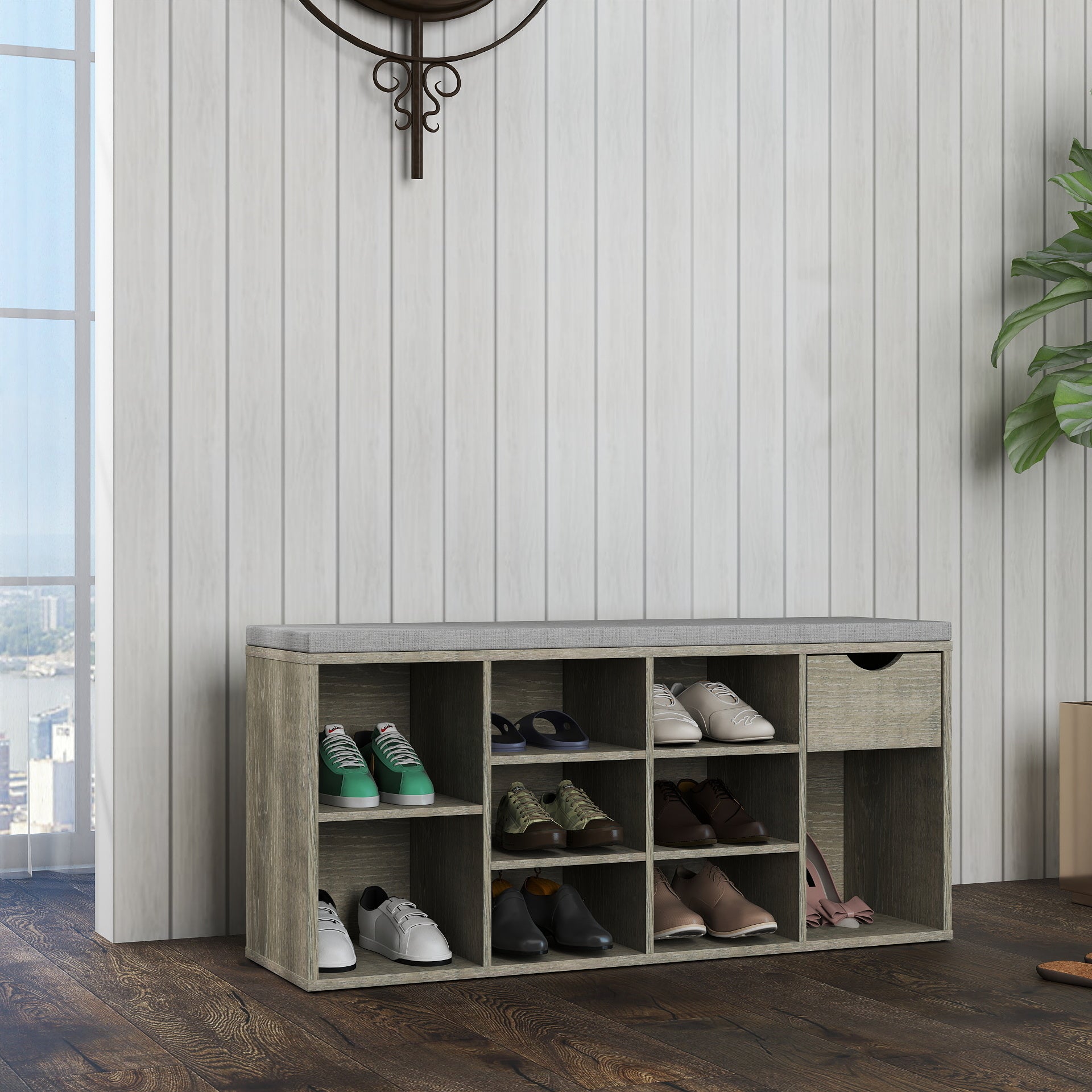 Storage Bench, Shoe Bench, Entryway Bench with Padded Cushion, Drawer and Open Compartments, Bench with Storage, 3 Tier Shoe Rack Bench image 2