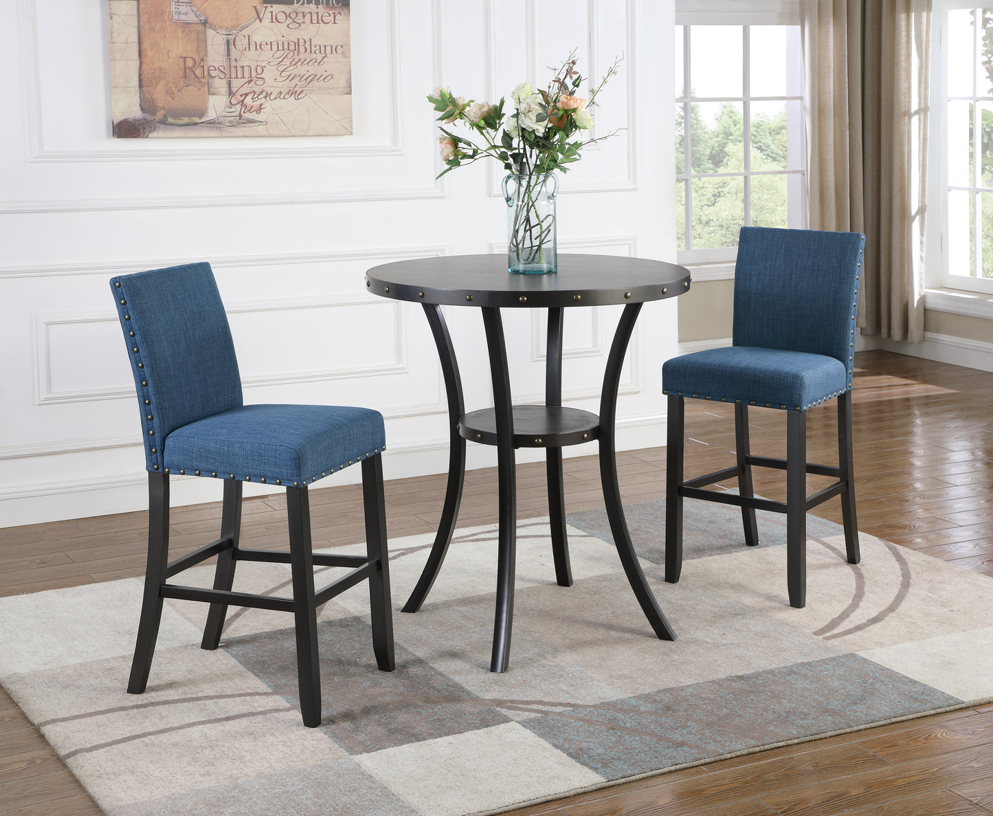 Biony 3-Piece 36" Round Espresso Finish Bar Table with 2 Blue Fabric Nail Head Pub Chairs image 3