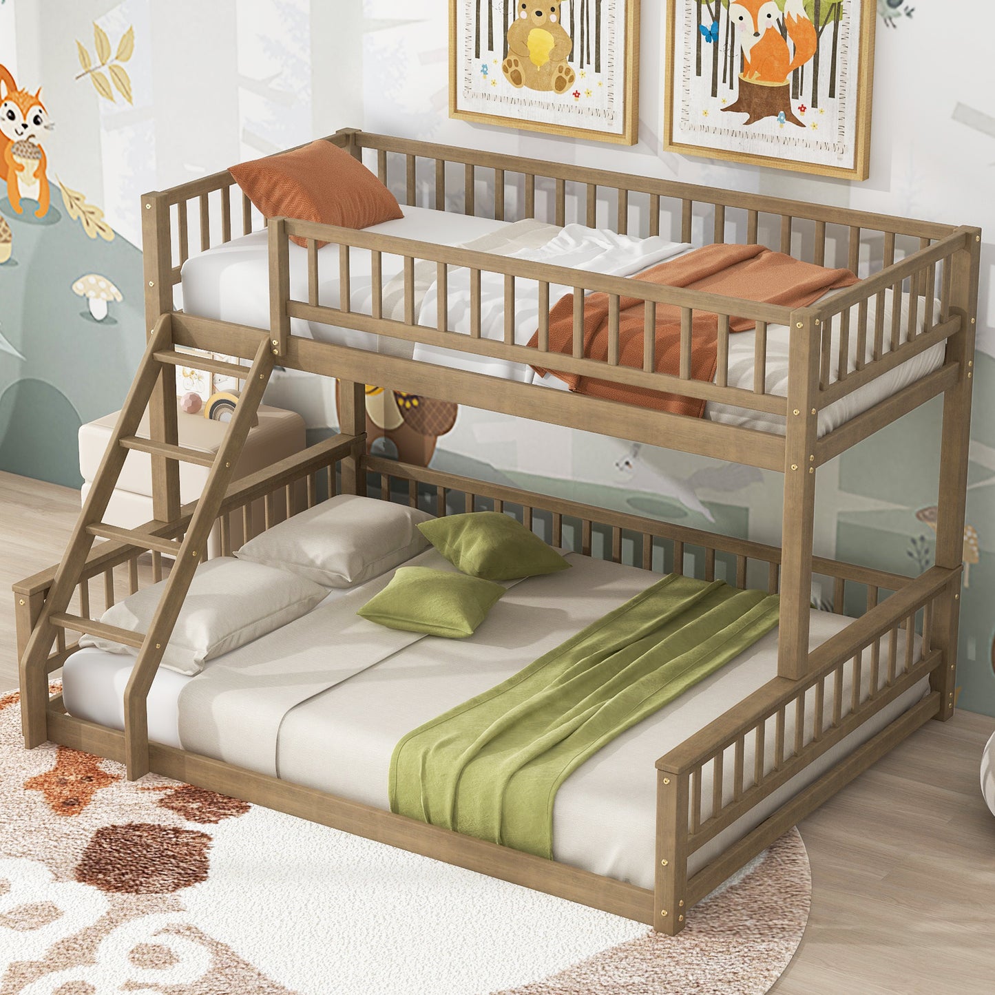 Twin XL over Queen Bunk Bed with Ladder and Guardrails, Walnut image 1