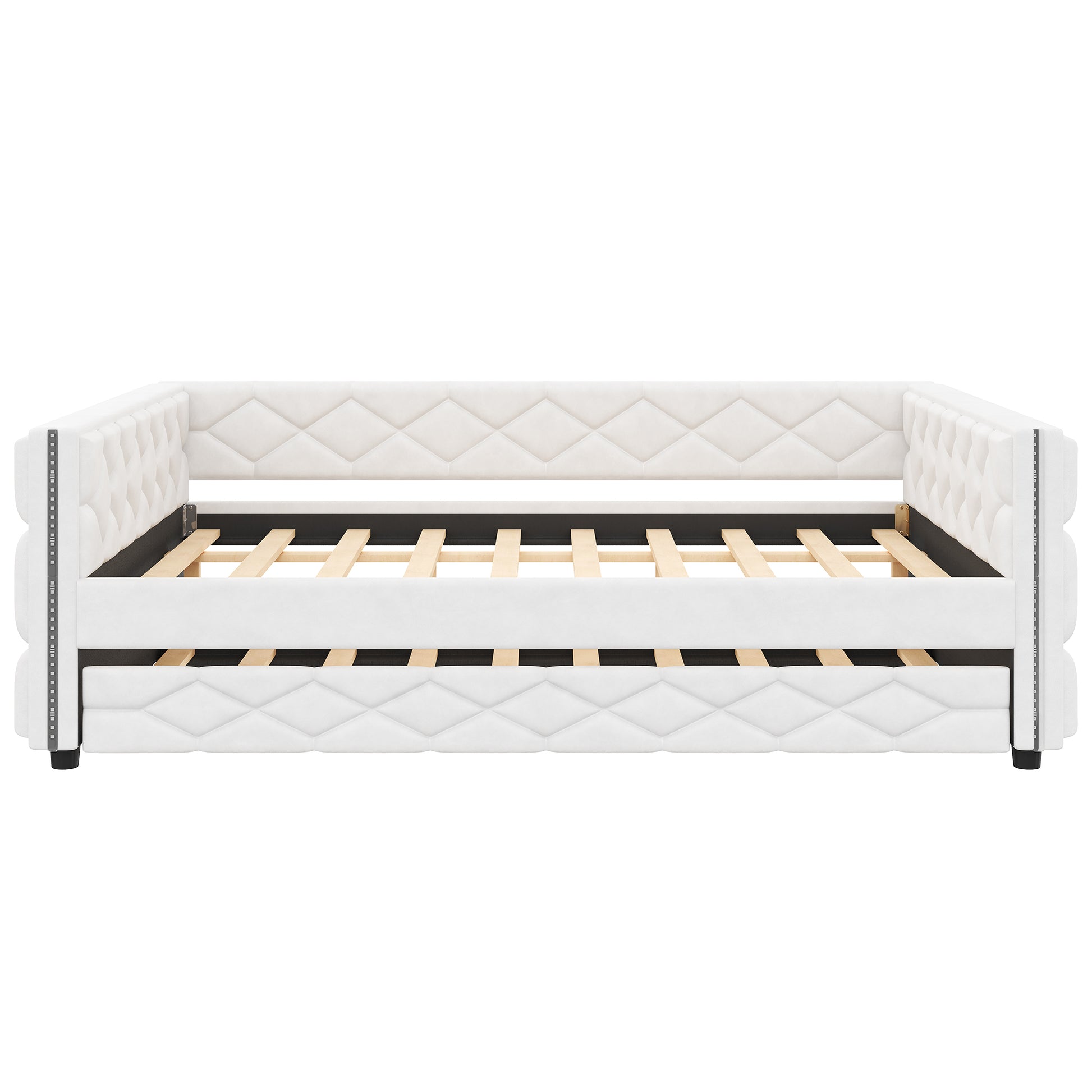 Full XL Size Upholstered Daybed with Trundle and LED, White image 11