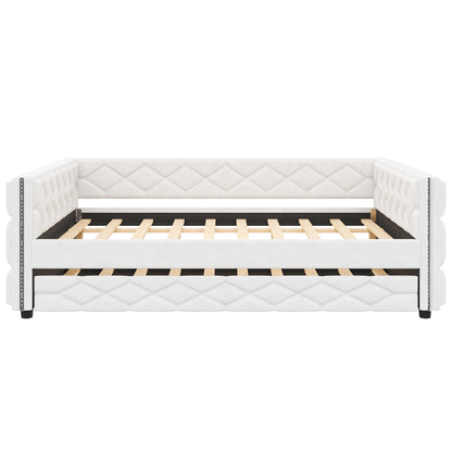 Full XL Size Upholstered Daybed with Trundle and LED, White image 11