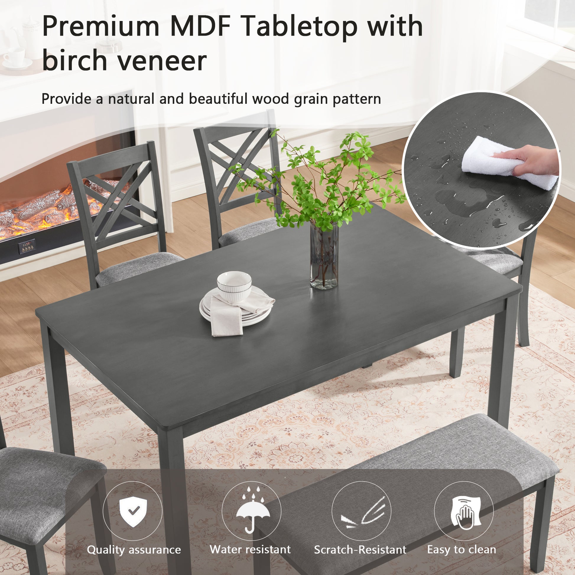 6 Piece Kitchen Dining Set, Rectangular Wooden Dining Table with 4 Upholstered Chairs and a Bench, Dining Table Set for 6 People, Living Room and Kitchen, Grey image 3